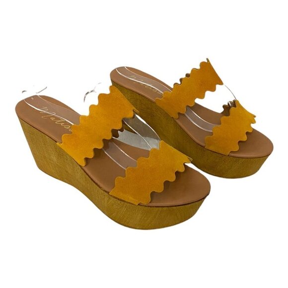 Matisse Charlie Scalloped Yellow Suede Chunky Platform Wedge Sandals, Size 10 - Picture 3 of 14